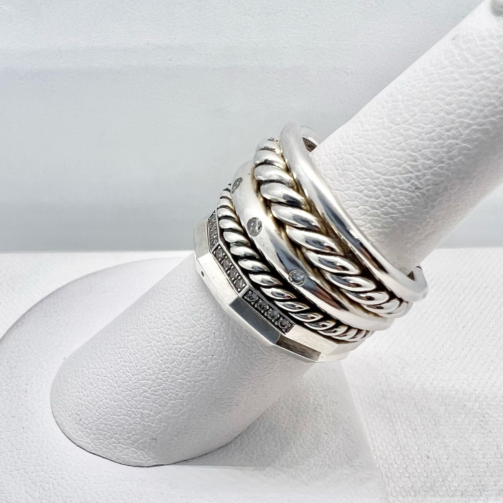 David Yurman Sterling Silver Pave Diamond Stax Six Row Band Ring - Picture 4 of 11